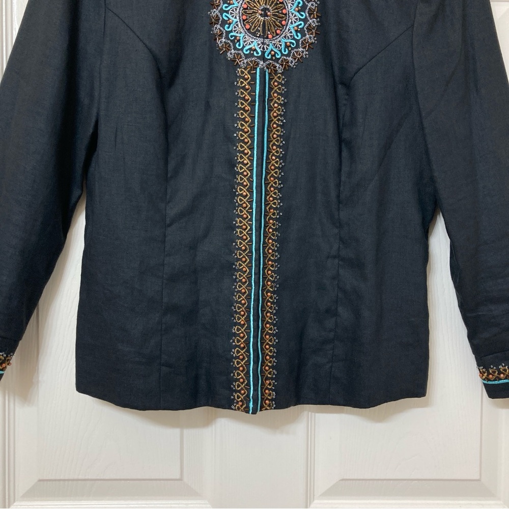 Vintage Women’s Beaded Embroidered Black Linen Jacket 12 Artsy Eclectic Grandma - Picture 4 of 9